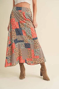 Maxi Falda Aemi + Co Boho Estampado Floral Cintura Elástica Línea A en Azul Naranja Multi - Imagen 1 de 7