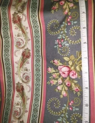 Retro Sewing Fabric Marcus Bros Pink Roses Stripe Gray & Aqua 1.75ydX45" Cotton - Image 1 of 3