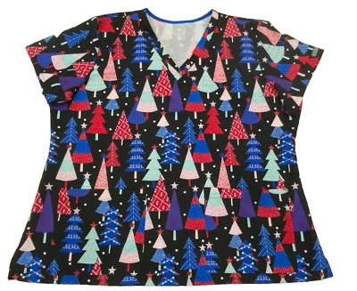 Medcouture Scrub Top Womens 3 XL Christmas Tree Print Holiday V Neck Pockets - Image 1 of 4