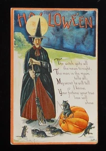 1910er Halloween Grüße gruselige Hexe Ratten ziehen Kürbis Kutsche Vollmond - Bild 1 von 2