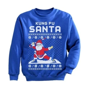 Kung Fu Santa Kids XL Royal Blue Christmas Youth Crewneck Sweatshirt New - Picture 1 of 5