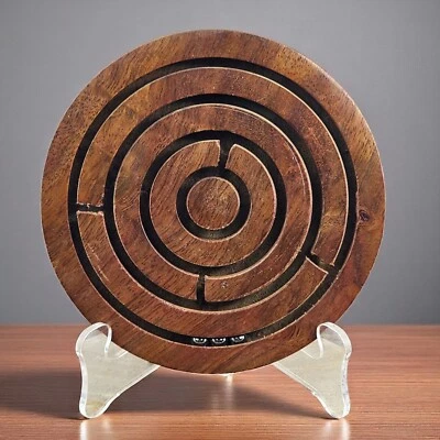Labyrinth Wood Maze Round Wooden w 3 Ball Bearing Marbles 5 in Rusicity Puzzle - Image 1 of 4