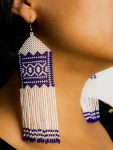 Tribal Earrings Native Large Boho American Seed Beads Handmade Earring - Picture 1 of 8