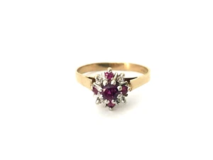 1981 Ruby & Diamond Flower Shaped 9ct Gold Vintage Ring - Size P 1/2 - Picture 1 of 14
