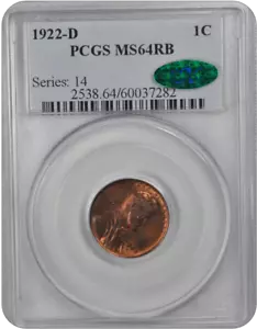 1922-D 1C Lincoln Cent - Type 1 Wheat Reverse PCGS RB (CAC) #3558-1 MS64 - Picture 1 of 2