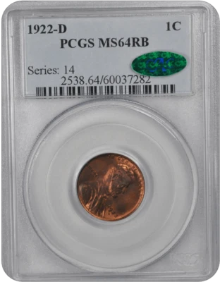 1922-D 1C Lincoln Cent - Type 1 Wheat Reverse PCGS RB (CAC) #3558-1 MS64 - Image 1 of 2