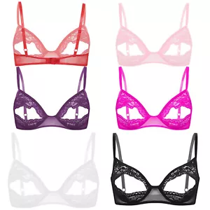 Womens Open Cup Bra Cupless Lingerie Lace Bustier Nipple Split Tops Clubwear UK - Picture 1 of 71