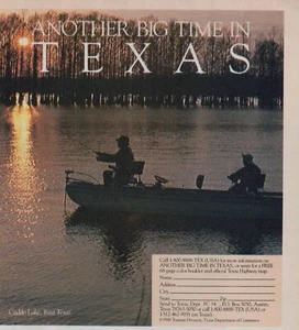 TEXAS Tourism Ad Caddo Lake Fishing Sunset Scenic Travel Promotion 1988 - Picture 1 of 1