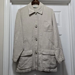 VTG L.L. BEAN Relaxed Fit 100% Linen Chore Shacket Lagenlook Women's M Natural - Picture 1 of 10