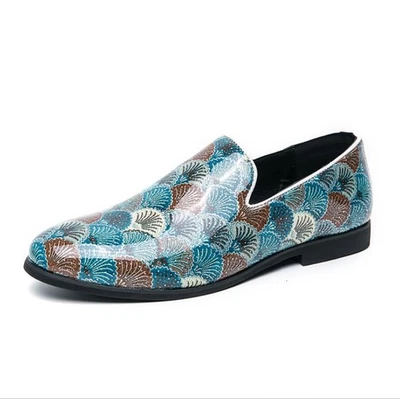 Mocasines de cuero PU florales azules para hombre tacones bajos zapatos de fiesta formales de vestir  Foto 1 de 4