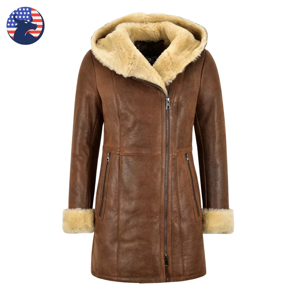 Chaqueta de cuero de oveja real marrón para mujer Abrigo con capucha de invierno de piel de oveja Foto 1 de 4