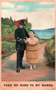 Police Comic TAKE ME HOME TO MY MAMMA Man in Barrel Vintage 1908 Postcard - Picture 1 of 2