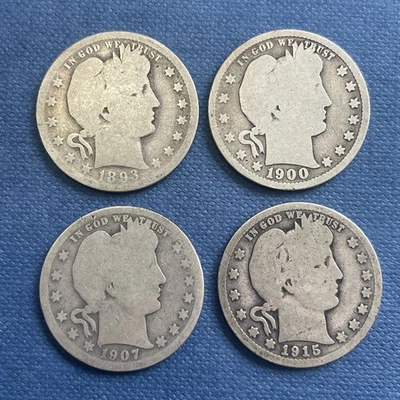 4x Barber Quarter Silver Coin Lot (1893, 1900, 1907-D, 1915) - Image 1 of 2