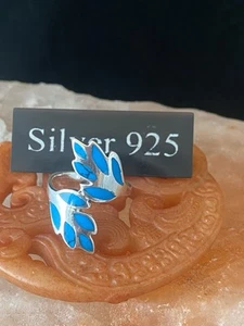 Solid Silver With Turquoise Enamel Leaf Twist Ring - Picture 1 of 6