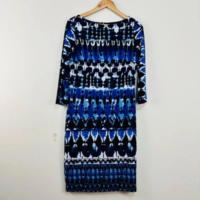 Joseph Ribkoff Blue Black White Abstract Print Sheath Stretch Dress US 10 UK 12 - Image 1 of 4