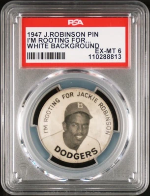1947 Baseball I'm Rooting for Jackie Robinson Rookie Brooklyn Dodgers Pin PSA 6 - Image 1 of 2