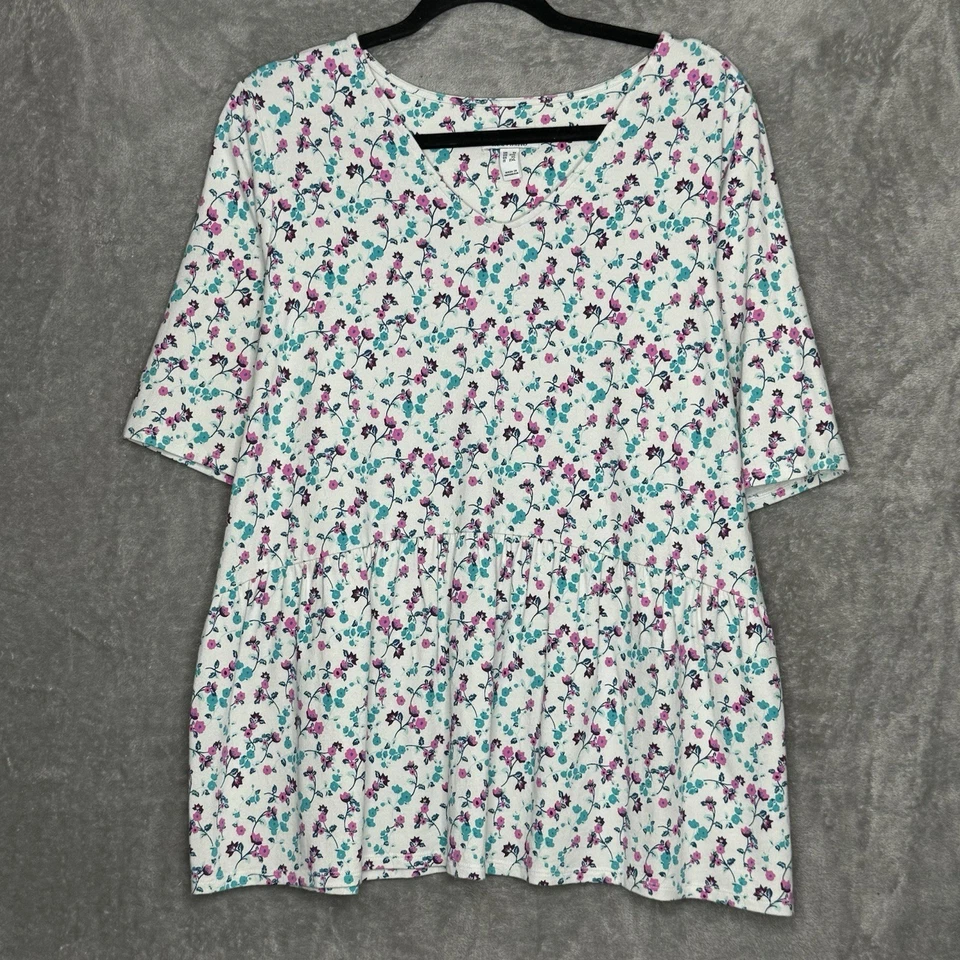 D&Co Denim & Co 1X Camisa Top Blanco Floral Flor Manga Corta Cuello en V Tejido Peplum Foto 1 de 4