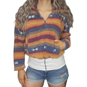 Maglione a righe giallo donna pelliccia sintetica media fuzzy cropped blu western boho - Foto 1 di 14