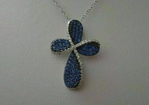 1.50Ct Round Cut Blue Sapphire Cross Pendant 14K White Gold Finish Free Chain - Picture 1 of 5