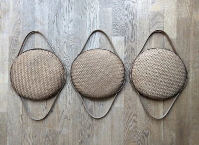 Vintage x3 Rattan Handmade Baskets Tiki Decor Serving Tray Bamboo Strainer Sieve - Image 1 of 4