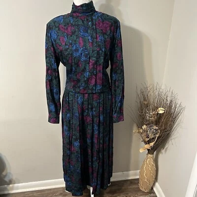 Conjunto de falda plisada midi y cuello alto floral verde de colección JH Collectibles para mujer talla 10 Foto 1 de 4