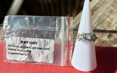 Bomb Party RBP3005 LC Light Green Quartz On Rhodium Plated Band Sz 6 - Image 1 of 3