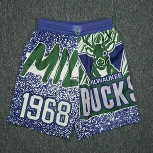 Milwaukee Bucks Shorts Mens Small Purple Green Mitchell Ness Graphic AOP - Picture 1 of 11