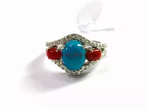 Turchese Naturale E Corallo Gemma Con 925 Anello Argento Sterling per Donna # - Foto 1 di 10