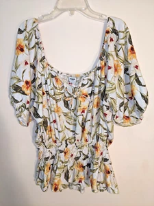 KENSIE Linen Blend Tropical Floral Puff Sleeve Smocked Blouse Size L Women's - Picture 1 of 7