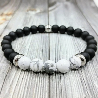Современный 8 «L из нержавеющей стали 8 мм матовый черный оникс + Howlite драгоценных камней бисер браслет - Изображение 1 из 4