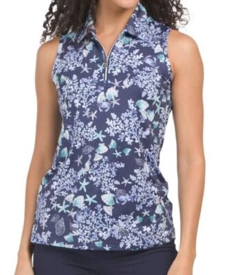 NWT Ladies SOFIBELLA Navy Blue Aqua Sea Life Sleeveless Golf Shirt Polo S & M - Image 1 of 2
