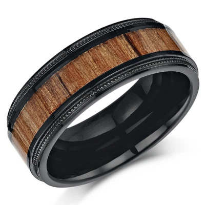 Anillo de boda con incrustaciones de madera de koa genuino de 8 mm negro titanio y real con borde de milgrain Foto 1 de 2