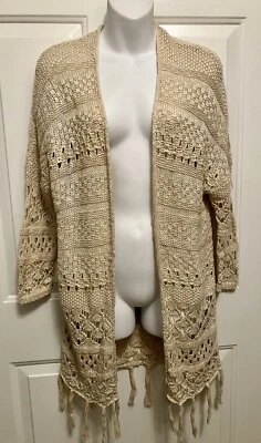 Hollister Women’s Small Tan Beige Fringe Boho Open Front Cardigan Sweater - Image 1 of 4