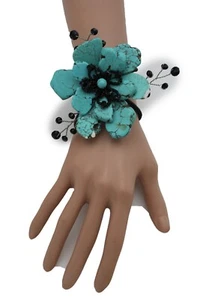 Türkis Stein mit Schwarzer Perle Akzent Ring Blume Metall Wickel Armreif Armband - Bild 1 von 5