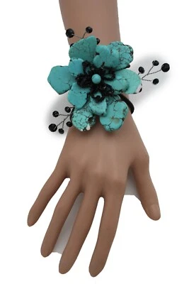 Türkis Stein mit Schwarzer Perle Akzent Ring Blume Metall Wickel Armreif Armband - Bild 1 von 4