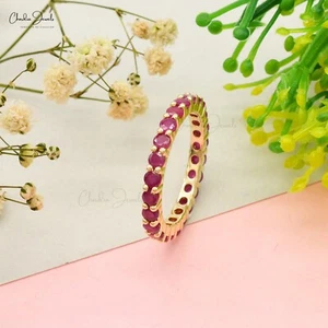 1.3 CTW Round Natural Ruby Engagement Wedding Eternity Band 14K Yellow Gold Ring - Picture 1 of 12