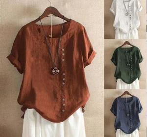 2025 UK Summer Womens ✨Cotton Linen✨ Tunic Blouse Tops Ladies Short Sleeve Shirt - Picture 1 of 38