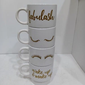 4 American Atelier Fabulash Ceramic Mug-Eyelashes Double Sides 15 oz White/gold - Picture 1 of 5