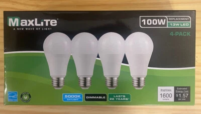 MaxLite E15A19D50/4P A19 100W Daylight 5000K Dimmable LED Bulbs - 4 Pack (B) - Image 1 of 4