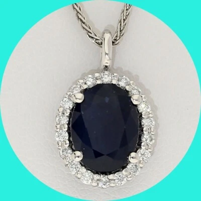 Natural Diamond Sapphire Halo Pendant Necklace 3CT 14K White Gold 19.75” Chain - Image 1 of 4