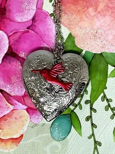 Silver Heart Large Locket Red Hummingbird Charm Necklace Wife Photo wedding spri - Picture 1 of 8