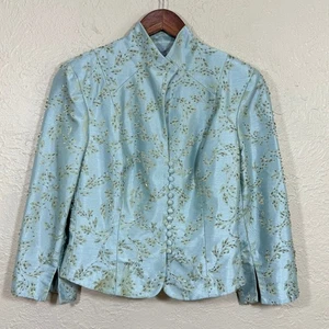 Vintage 90s Beaded Jacket 6 Cachet Brocade Crop Blazer Pastel Sky Bl Old Money Regal - Bild 1 von 11