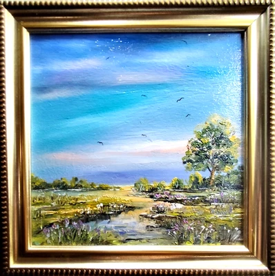 Original oil painting Summer Landscape Painting 6x6in framed - Image 1 of 4