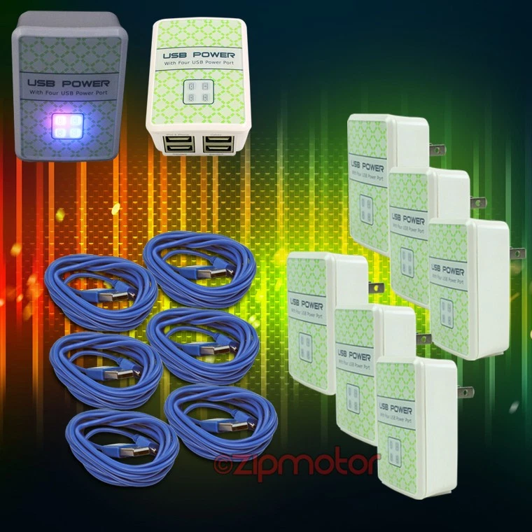 6X 4 USB-ANSCHLÜSSE WANDADAPTER + 3 FUSS KABEL NETZTEIL SYNC BLAU GALAXY NOTE NEXUS - Bild 1 von 1