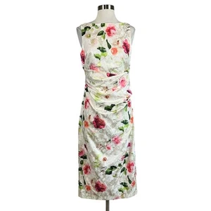 Eliza J Women's Cocktail Dress Size 6 White Floral Print Sleeveless Midi Sheath - Picture 1 of 13