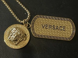 XL Medusa Greek Myth Versace 2 Dog Tags Gold-plated Necklace - Picture 1 of 7