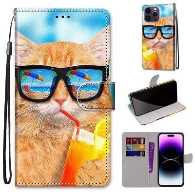 For Various Phone Cool Drinking Cat Card Pocket Wallet Case Flip Stand Cover Hot - Image 1 of 4