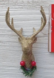 NEW! GOLD GLITTER CHRISTMAS HOLIDAY REINDEER BUCK ORNAMENT - Picture 1 of 5