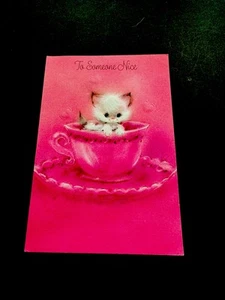 1 Vintage unbenutzte Valentinstag Grußkarte Katze Kätzchen innen rosa Teetasse ☕️ - Bild 1 von 3