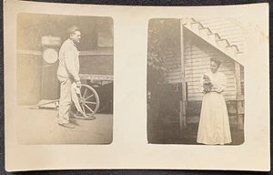 Echt Foto Postkarte RPPC~Doppelbild~Frau hält Katze~Mann Eisenbahnarbeiter~Maßstab - Bild 1 von 4